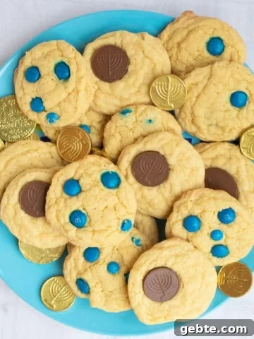 hanukkah cookies with chocolate gelt and m&ms.