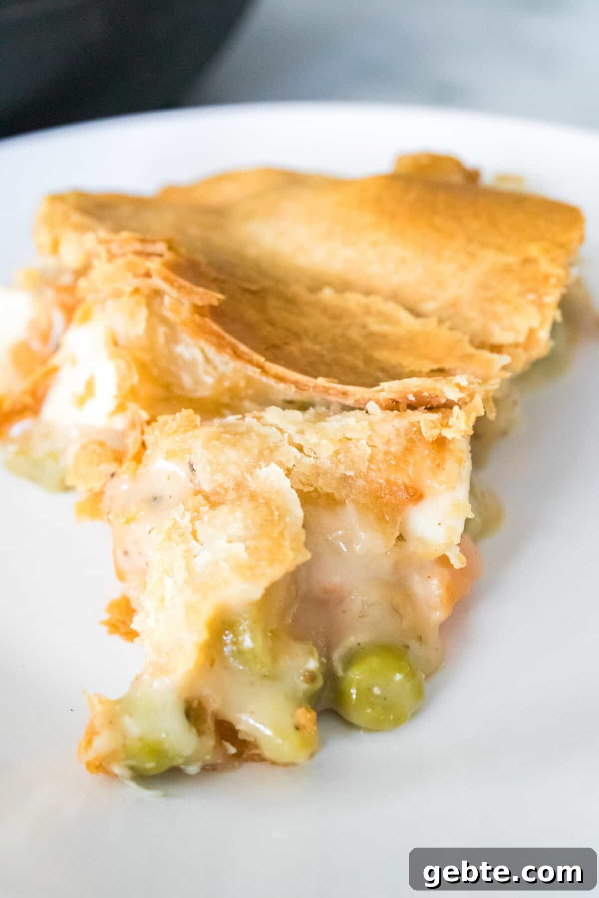 vertical close up shot of a piece of chicken pot pie made with pie crust served on a white plate