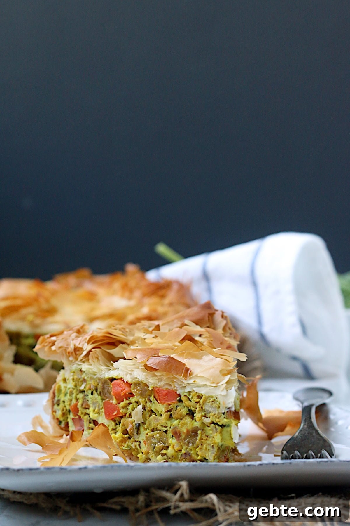 Spiced meat pie with phyllo crust on a white plate.