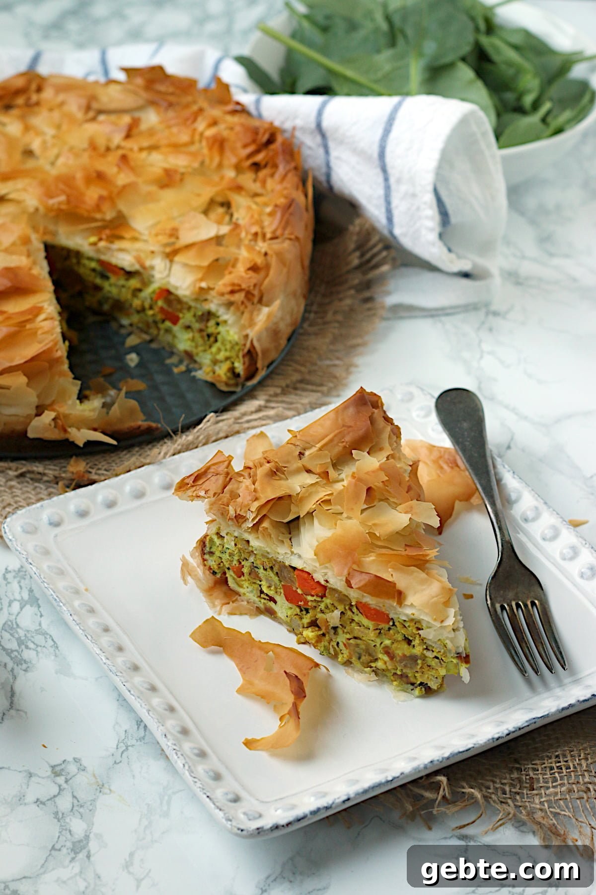 Spiced meat pie with phyllo crust on a white plate.