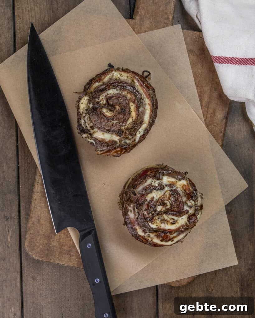Grilled Skirt Steak Pinwheels with Garlic-Herb Filling 9 Sliced pinwheels plated