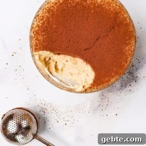 Keto Tiramisu Cottage Cheese Cookie Dough with one bite taken out with cocoa powder duster