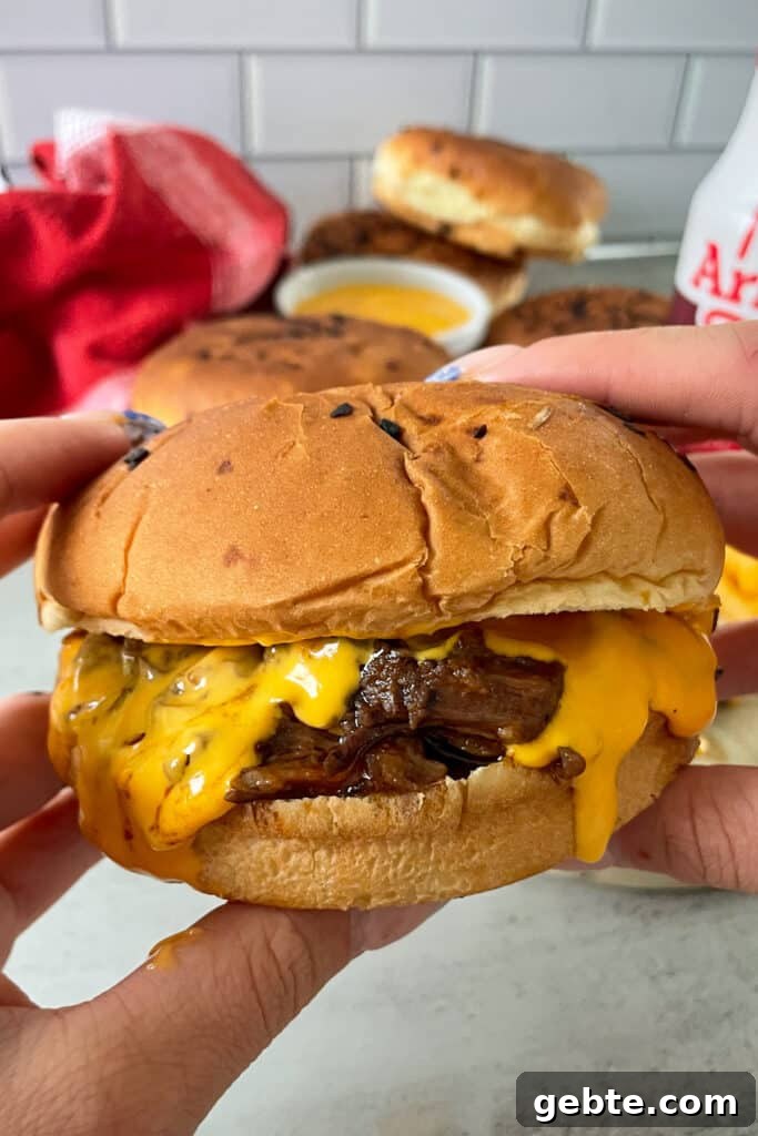 close up photo of Arby's beef and cheddar held in a hand ready to be eaten.
