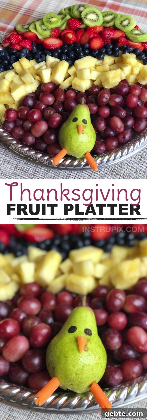 Thanksgiving Idea: How to make a fun and easy fruit tray! Great for hosting a party! This turkey fruit platter appetizer is always a hit. It's a beautiful table display for parties and holiday gatherings! Kids love it. | Instrupix