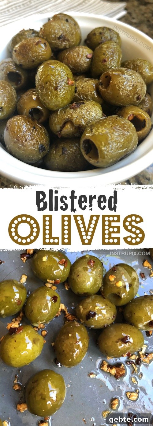 This easy low carb snack idea is perfect for on the go! They are also the most delightful little keto party snacks to accompany a cheese board. Blistered Green Olives Recipe | Instrupix #keto #lowcarb #greenolives #instrupix 