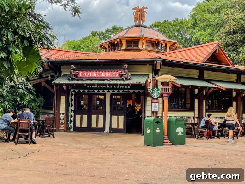 Creature Comforts entrance and the Starbucks at Animal Kingdom.