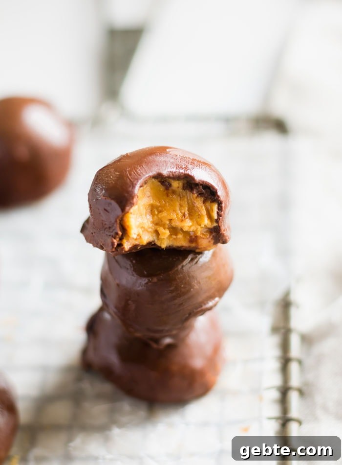 A stack of 3 chocolate-covered peanut butter balls. The one on top has a bite out of it.