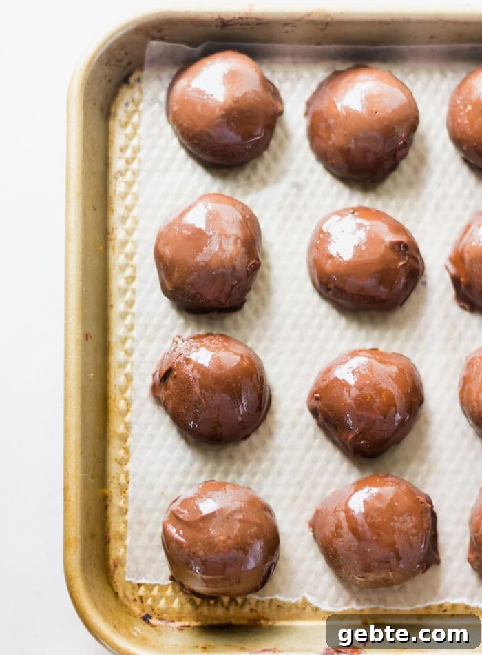 8 chocolate-coated balls sitting on a small baking sheet lined with parchment paper.