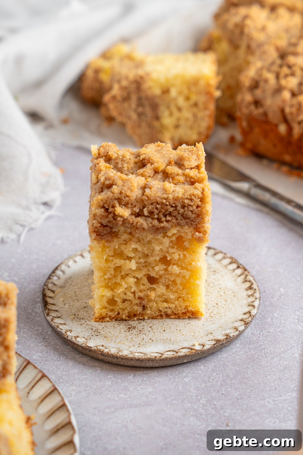 A square slice of Bisquick coffee cake on a ceramic plate. The plate is on a white counter with additional slices of cake on a sheet of parchment paper. There is a knife next to the coffee cake.