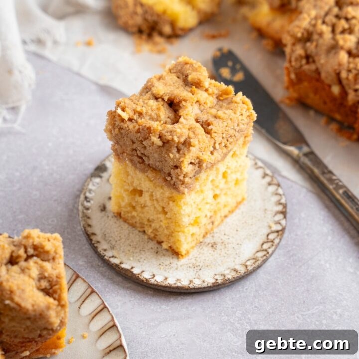 A square slice of Bisquick coffee cake on a ceramic plate. The plate is on a white counter with additional slices of cake on a sheet of parchment paper. There is a knife next to the coffee cake.