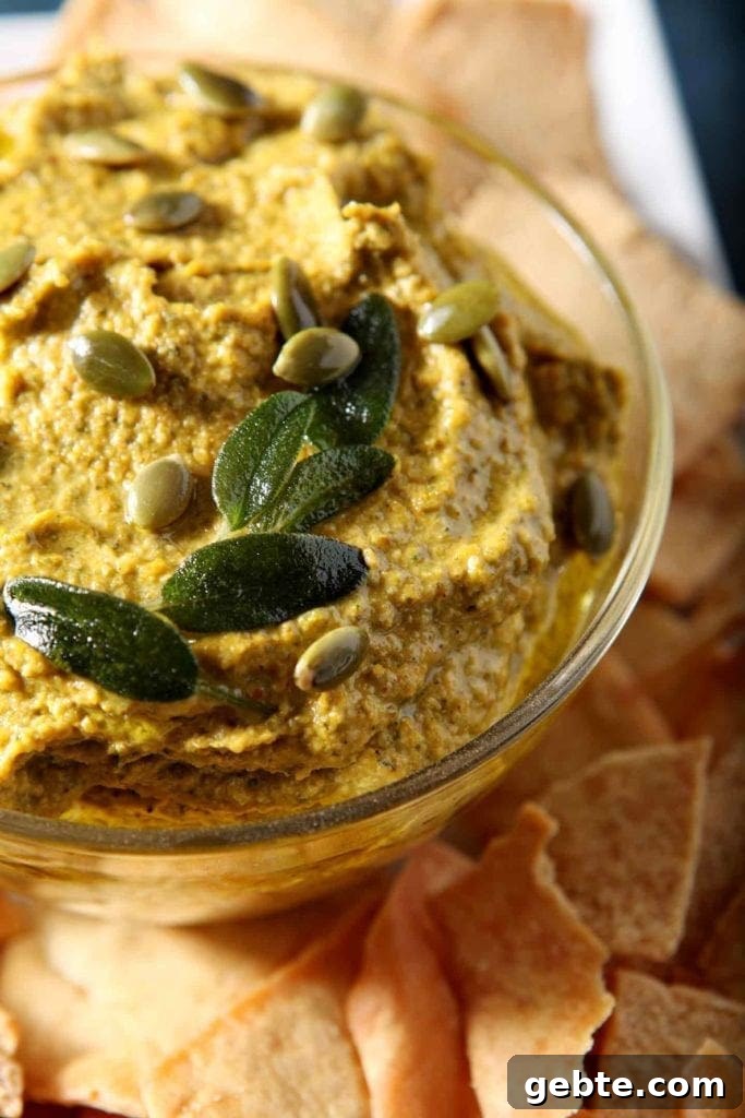 Close up of the final dip, topped with toasted sage leaves and pepitas