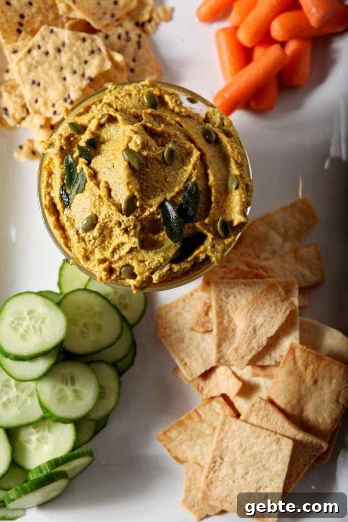 Overhead of the savory pumpkin dip, with cucumbers, carrots and chips