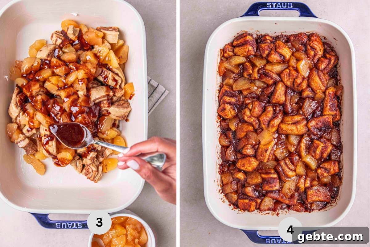 Combining the canned apples with the cinnamon dough and melted butter syrup.