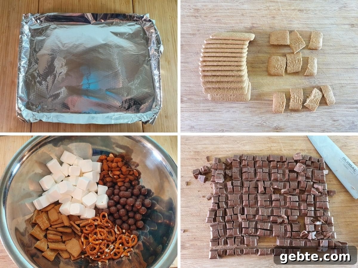 Process shots: tray covered with foil, breaking up malt biscuits, mixing marshmallows, almonds, maltesers, malt biscuits and salted pretzels together, chopping chocolate into small pieces before melting.