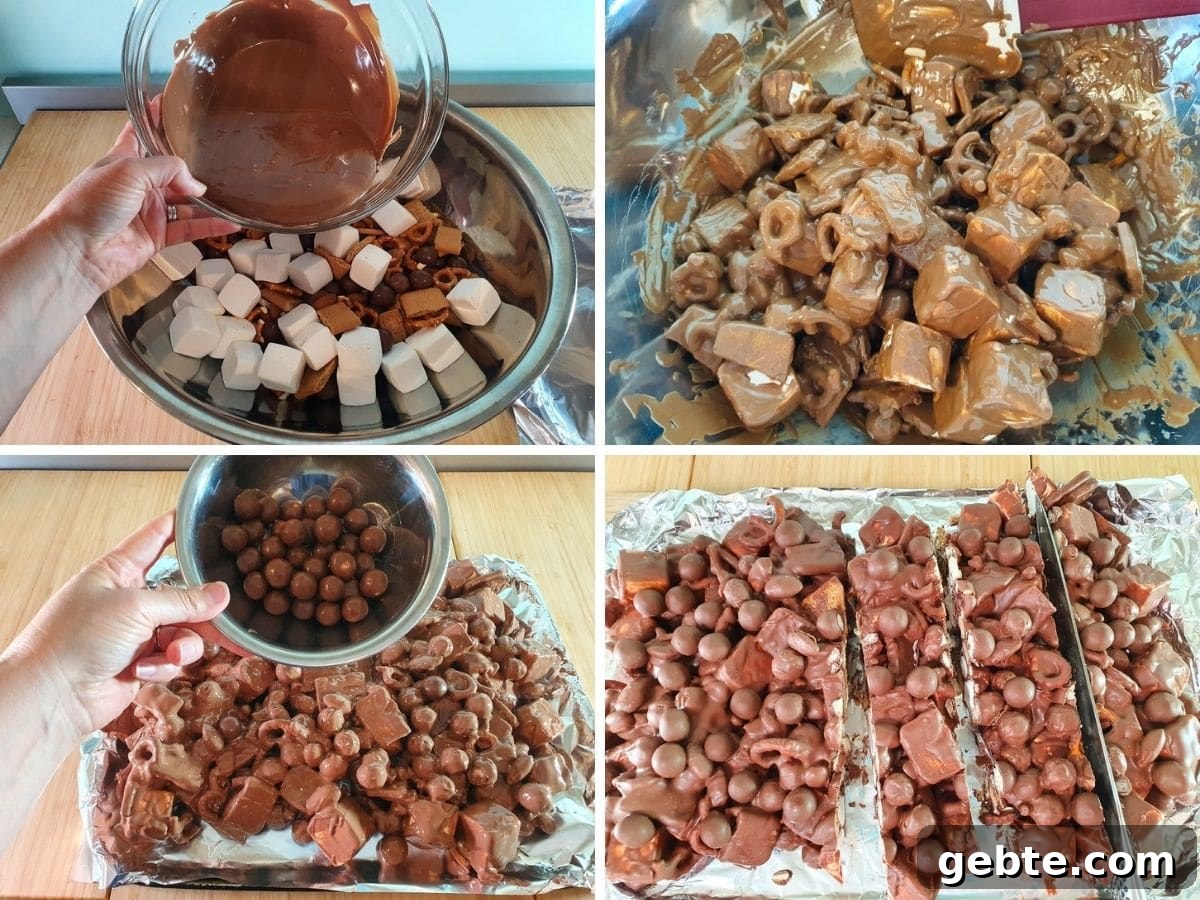 Process shots, pouring melted chocolate onto dry ingredients, mixing in melted chocolate, adding Maltesers to top of spread out rocky road on lined tray, chopping up set rocky road.
