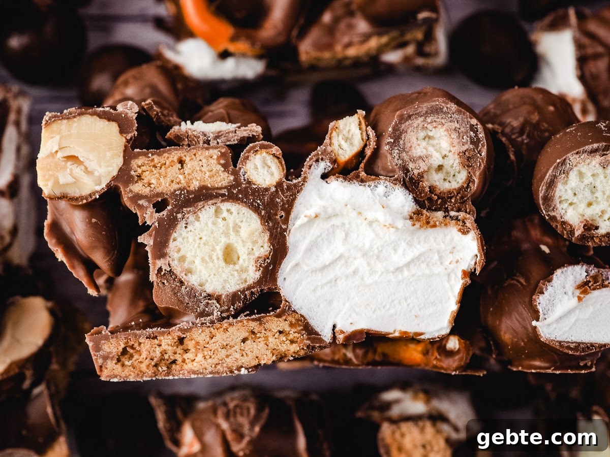 Slice of rocky road on its side, surrounded by other pieces.